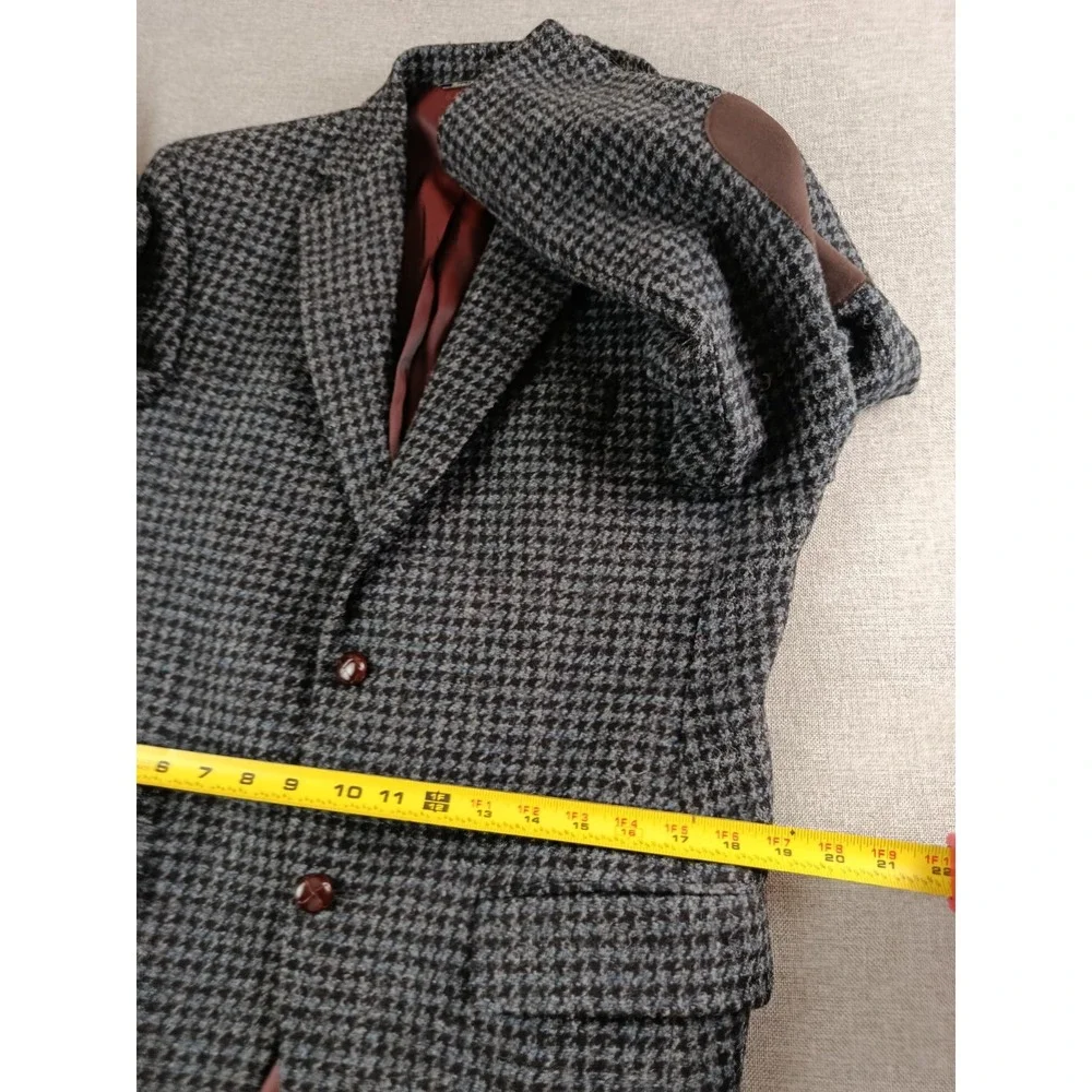 Harris Tweed Blazer Mens 38 S Charcoal Houndstouth Wool Elbow Patches Jacket